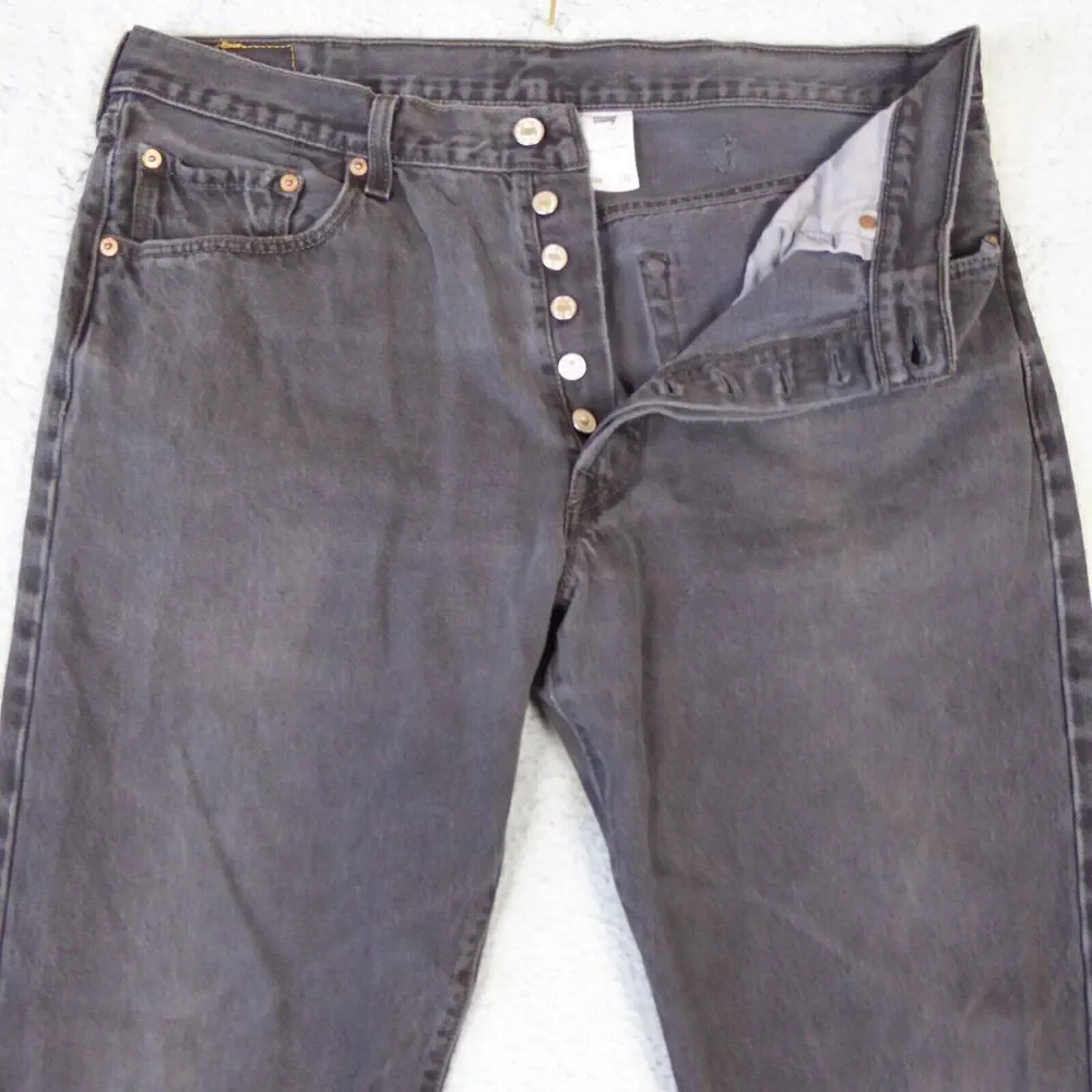 Levis 501 Jeans Mens 38x32 Black Denim Button Fly Distressed Straight Leg Y2K